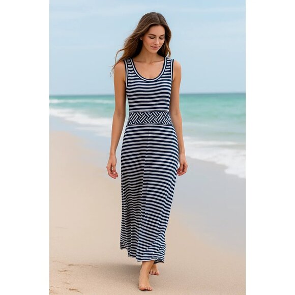Max Studio Navy & White Striped Tank Maxi Dress Rayon Spandex Blend Size Large - Picture 1 of 6